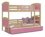 Dětská patrová postel MATYAS 3 80x190cm s borovicou konstrukcí v růžové barvě s přistýlkou