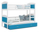 Dětská patrová postel MATYAS 3 90x200 cm s bílou konstrukcí v modré barvě s přistýlkou