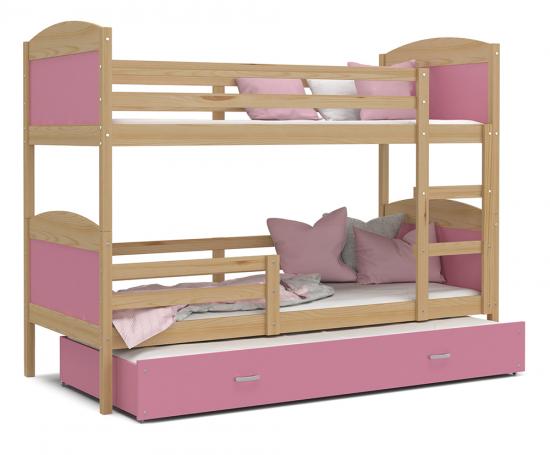 Dětská patrová postel MATYAS 3 90x200cm s borovic. konstrukcí v růžové barvě s přistýlkou