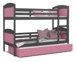 Dětská patrová postel MATYAS 3 90x200 cm s šedou konstrukcí v růžové barvě s přistýlkou