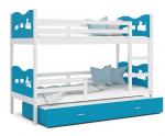 Dětská patrová postel MAX 3 80x190 cm s bílou konstrukcí v modré barvě s vláčekm