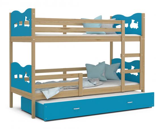 Dětská patrová postel MAX 3 80x190 cm s borovicovou konstrukcí v modré barvě s vláčky