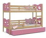 Dětská patrová postel MAX 3 80x190 cm s borovicovou konstrukcí v růžové barvě s motýlky
