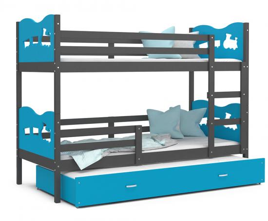 Dětská patrová postel MAX 3 80x190 cm s šedou konstrukcí v modré barvě s vláčky