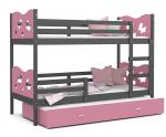 Dětská patrová postel MAX 3 80x190 cm s šedou konstrukcí v růžové barvě s motýlky