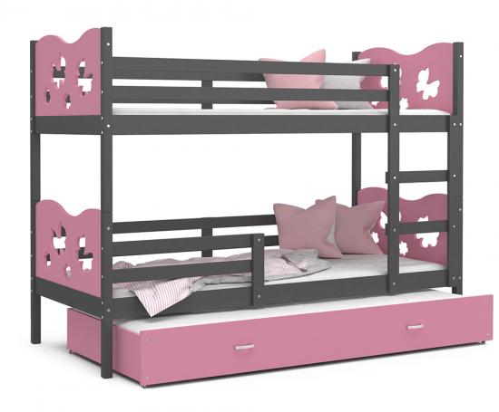 Dětská patrová postel MAX 3 90x200 cm s šedou konstrukcí v růžová barvě s motýlky