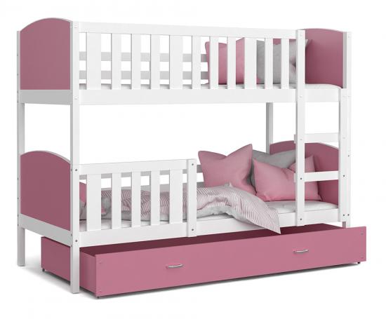 Dětská patrová postel TAMI 80x160 cm s bílou konstrukcí v růžové barvě