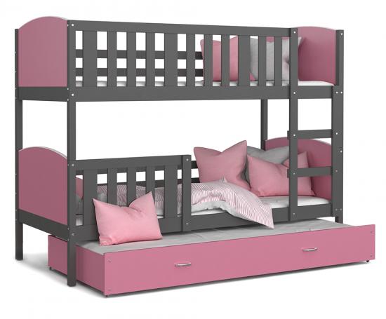 Dětská patrová postel TAMI 3 90x200 cm s šedou konstrukcí v růžové barvě s přistýlkou