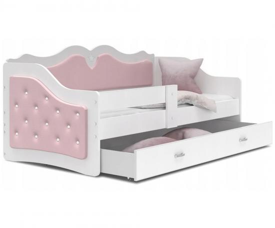 Dětská postel LILI 80x160cm s bílou konstrukcí a s růžovým čalouněním