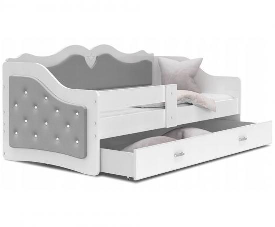 Dětská postel LILI 80x160cm s bílou konstrukcí a s šedým čalouněním
