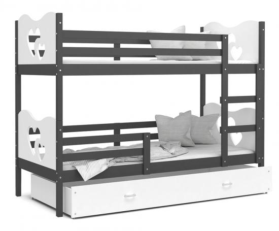 Dětská patrová postel MAX 160x80 cm s šedou konstrukcí v bílé barvě se SRDÍČKY