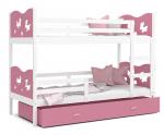 Dětská patrová postel MAX 190x80 cm s bílou konstrukcí v růžové barvě s MOTÝLKY