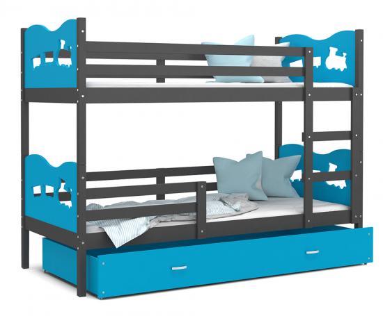 Dětská patrová postel MAX 190x80 cm s šedou konstrukcí v modré barvě s VLÁČKEM