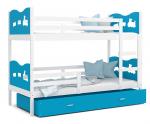 Dětská patrová postel MAX 200x90 cm s bílou konstrukcí v modré barvě s VLÁČKEM