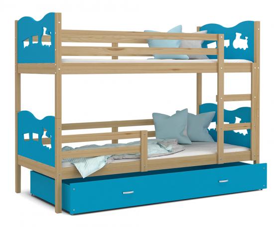 Dětská patrová postel MAX 200x90 cm s borovicovou konstrukcí v modré barvě s VLÁČKEM