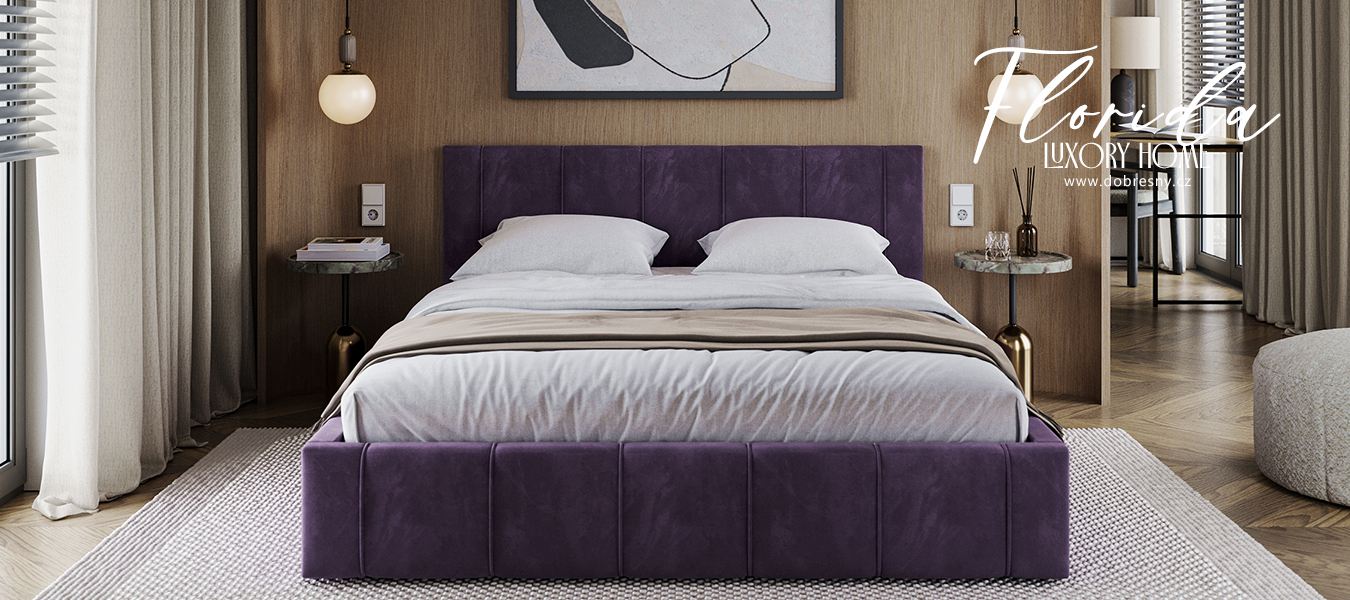 Luxusní postel FLORIDA 90x200 s kovovým zdvižným roštem FIALOVÁ
