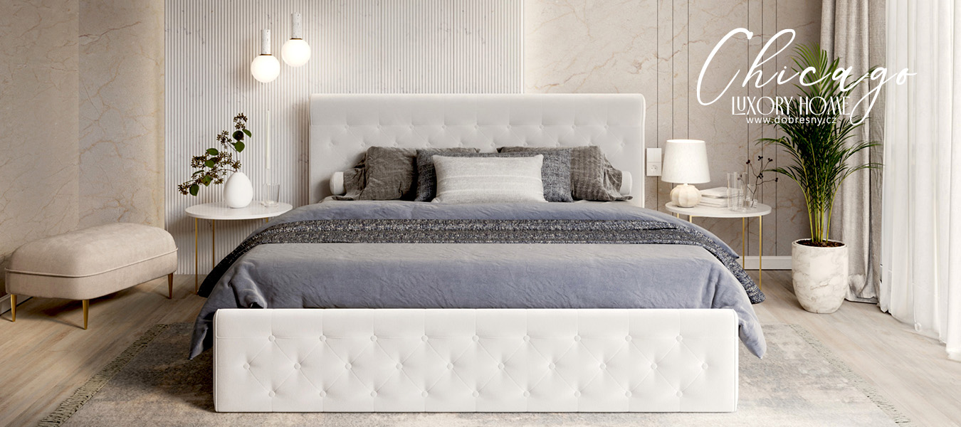 Luxusní postel CHICAGO TRINITY 90x200 s kovovým zdvižným roštem BÍLÁ