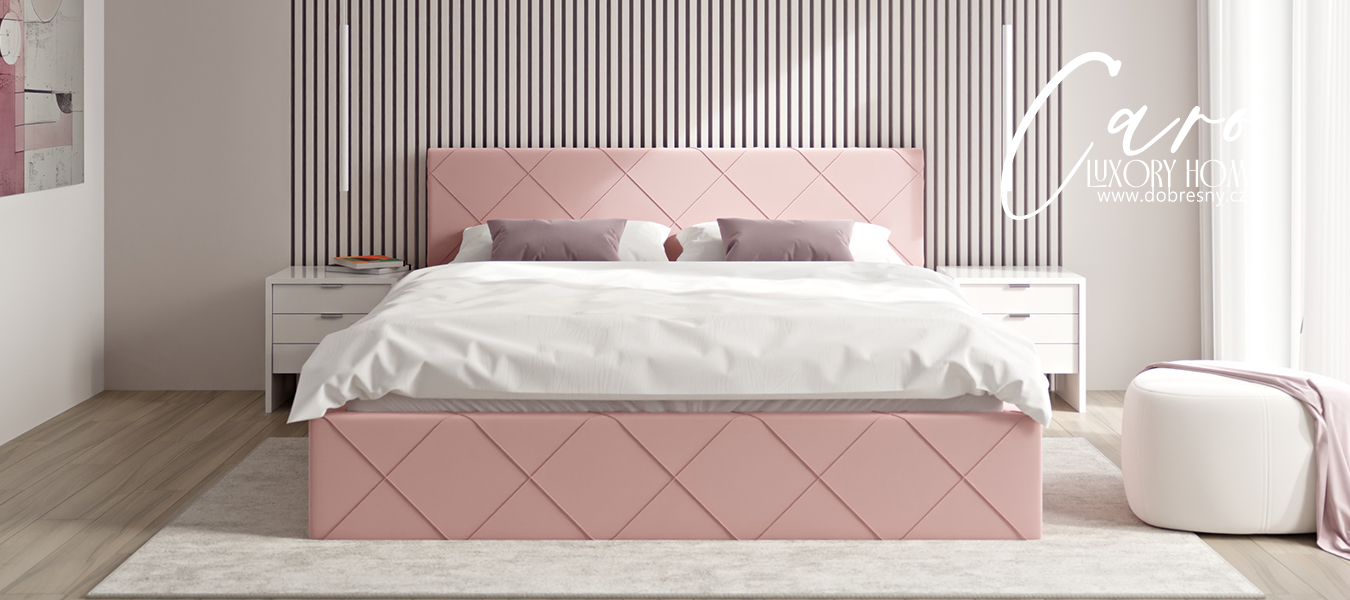 Luxusní postel CARO 180x200 s kovovým zdvižným roštem RŮŽOVÁ