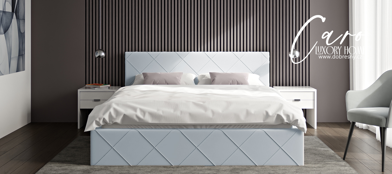 Luxusní postel CARO 180x200 s kovovým zdvižným roštem SVĚTLE MODRÁ