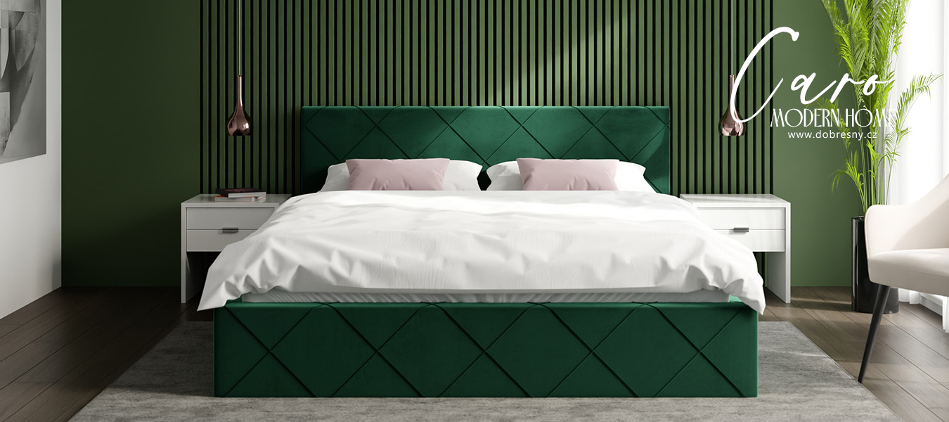 Luxusní postel CARO 180x200 s kovovým zdvižným roštem ZELENÁ