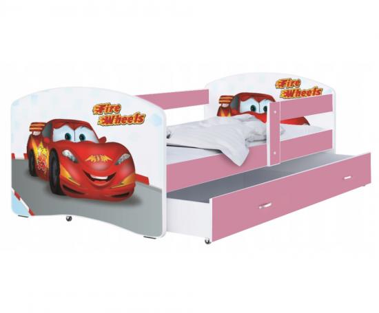 Dětská postel LUKI se šuplíkem RŮŽOVÁ 160x80cm vzor FIRE WHEELS 43L