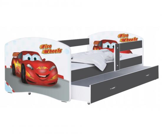 Dětská postel LUKI se šuplíkem ŠEDÁ 160x80cm vzor FIRE WHEELS 43L