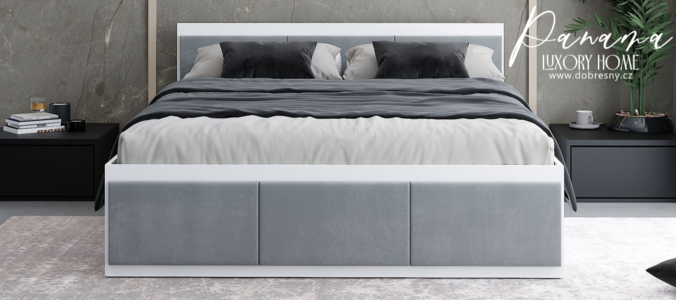 Manželská postel PANAMA T 160x200 se zvedacím kovovým roštem BÍLÁ ŠEDÁ