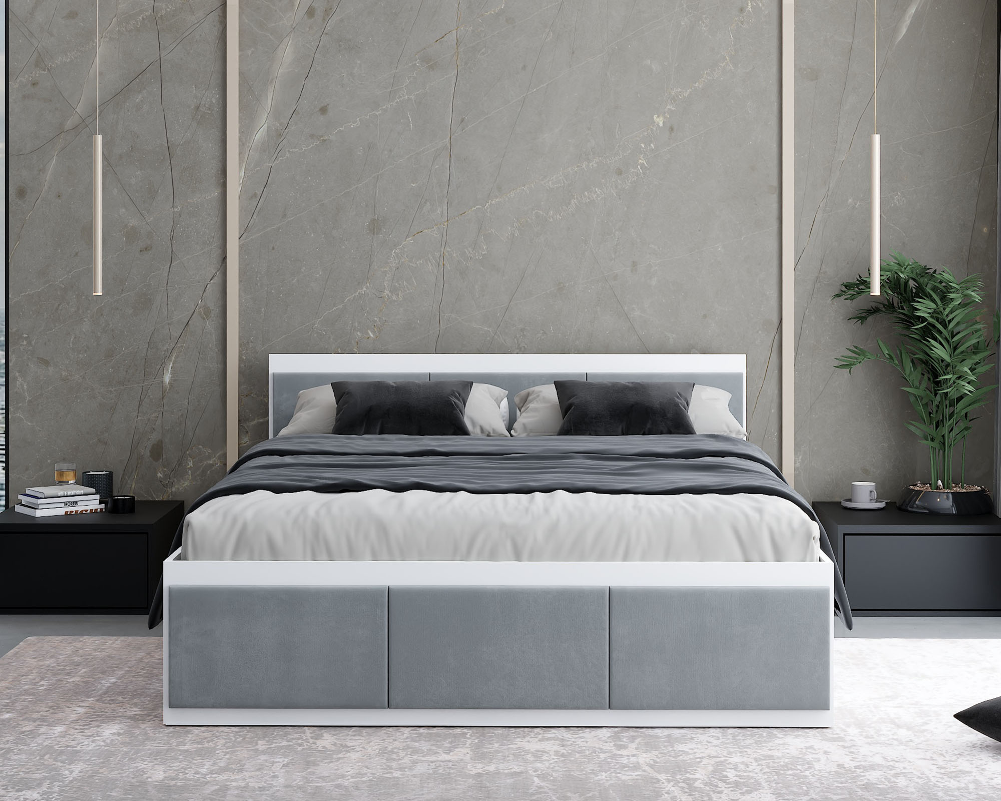 Manželská postel PANAMA T 160x200 se zvedacím kovovým roštem BÍLÁ ŠEDÁ