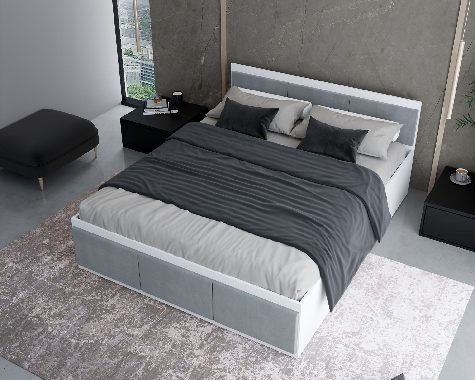 Manželská postel PANAMA T 160x200 se zvedacím kovovým roštem BÍLÁ ŠEDÁ