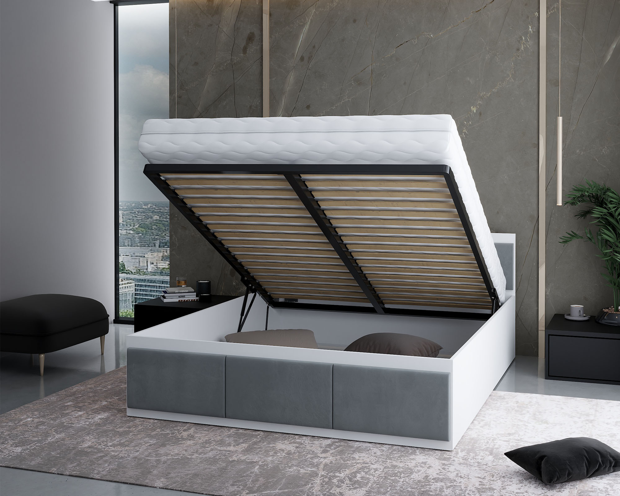 Manželská postel PANAMA T 160x200 se zvedacím kovovým roštem BÍLÁ ŠEDÁ