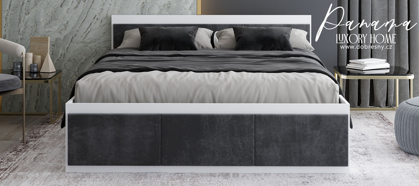 Manželská postel PANAMA T 160x200 se zvedacím kovovým roštem BÍLÁ TMAVĚ ŠEDÁ