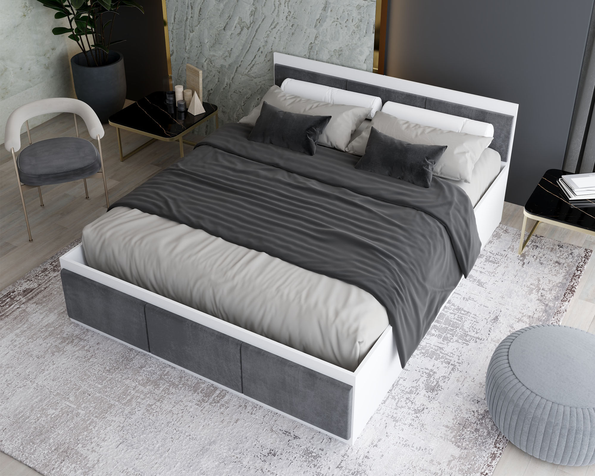 Manželská postel PANAMA T 160x200 se zvedacím kovovým roštem BÍLÁ TMAVĚ ŠEDÁ