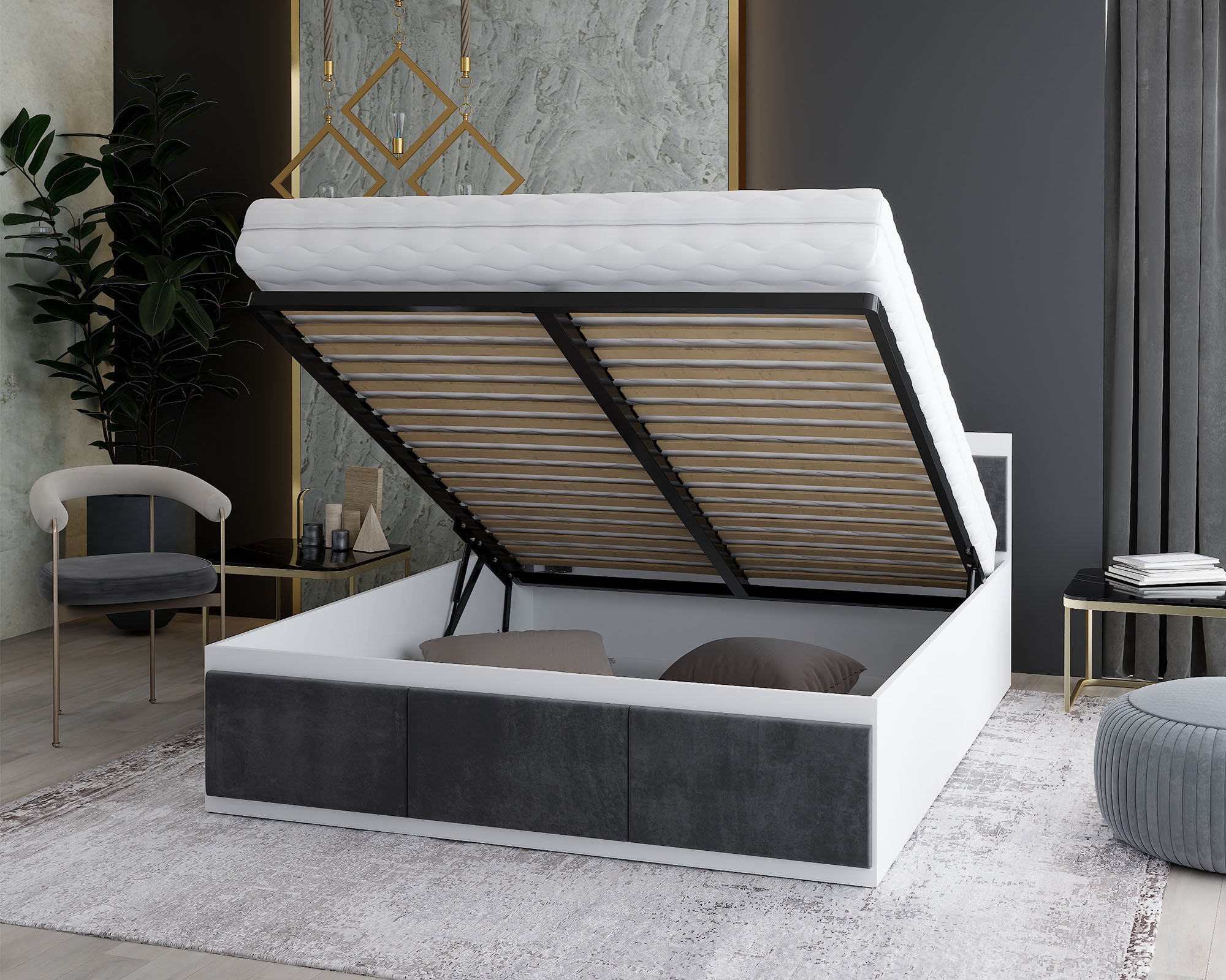 Manželská postel PANAMA T 160x200 se zvedacím kovovým roštem BÍLÁ TMAVĚ ŠEDÁ