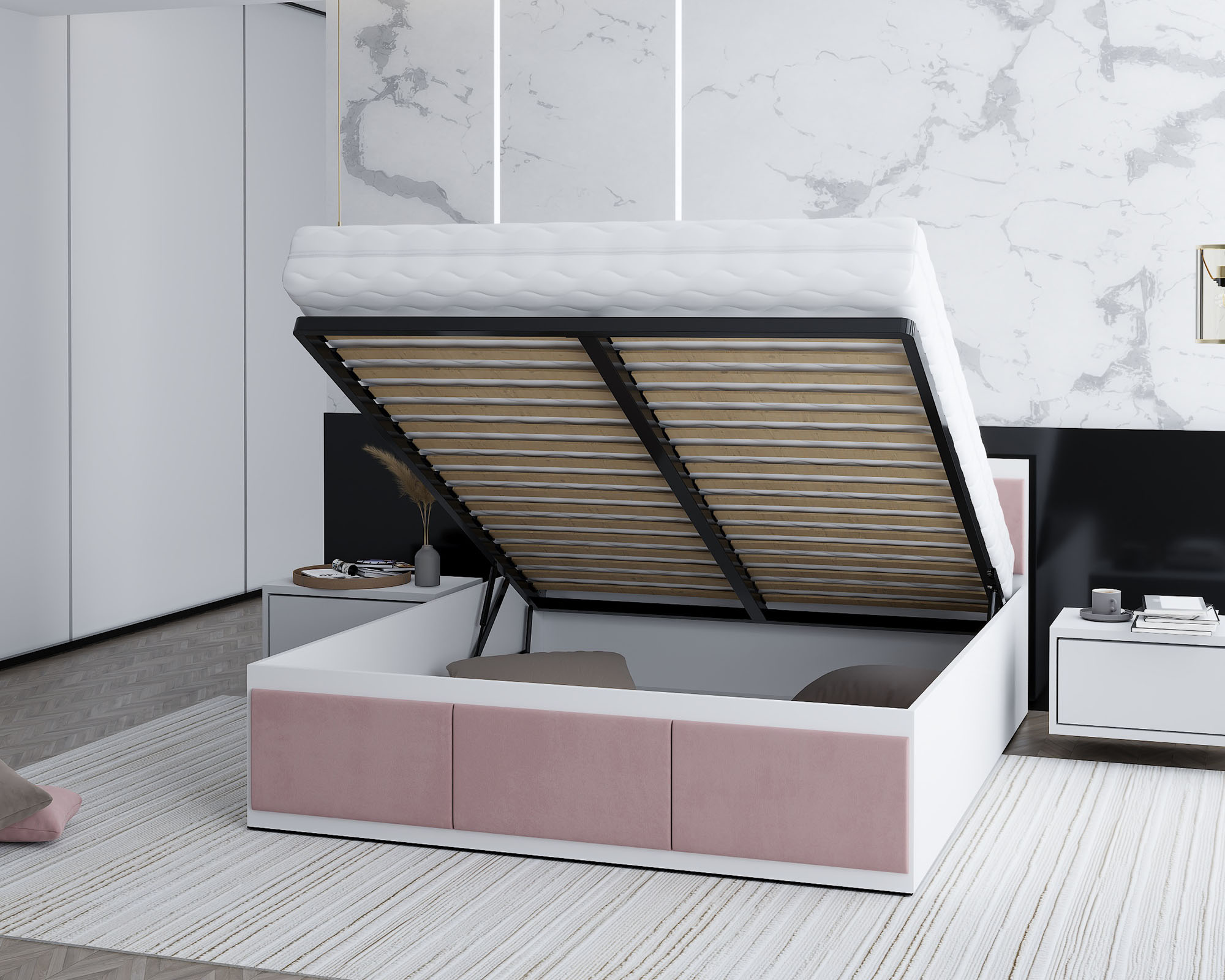 Manželská postel PANAMA T 140x200 se zvedacím kovovým roštem BÍLÁ RŮŽOVÁ