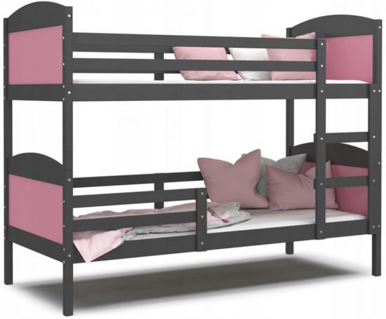 Dětská patrová postel Matyas 200x90 bez šuplíku ŠEDÁ-RŮŽOVÁ