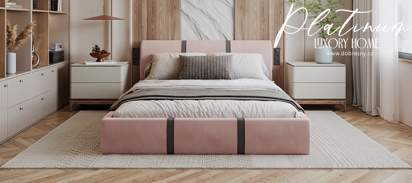Čalouněná postel PLATINUM růžovábílá 160x200 Trinity s kovovým roštem