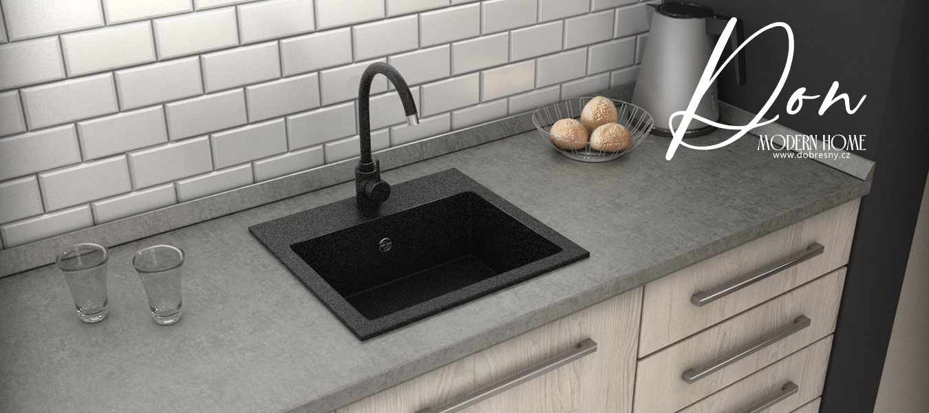 Granitový dřez DON + baterie DECO ČERNÁ ŽULA 44,2 x 41,5 x 17,1cm
