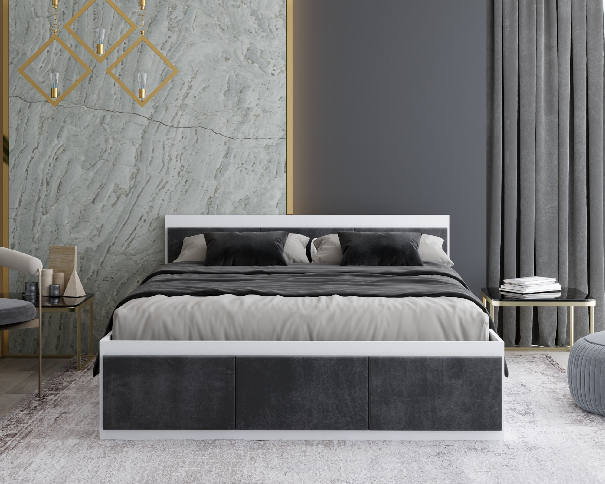 Čalouněná jednolůžková postel PANAMA T 120x200 se zvedacím dřevěným roštem BÍLÁ TMAVĚ ŠEDÁ