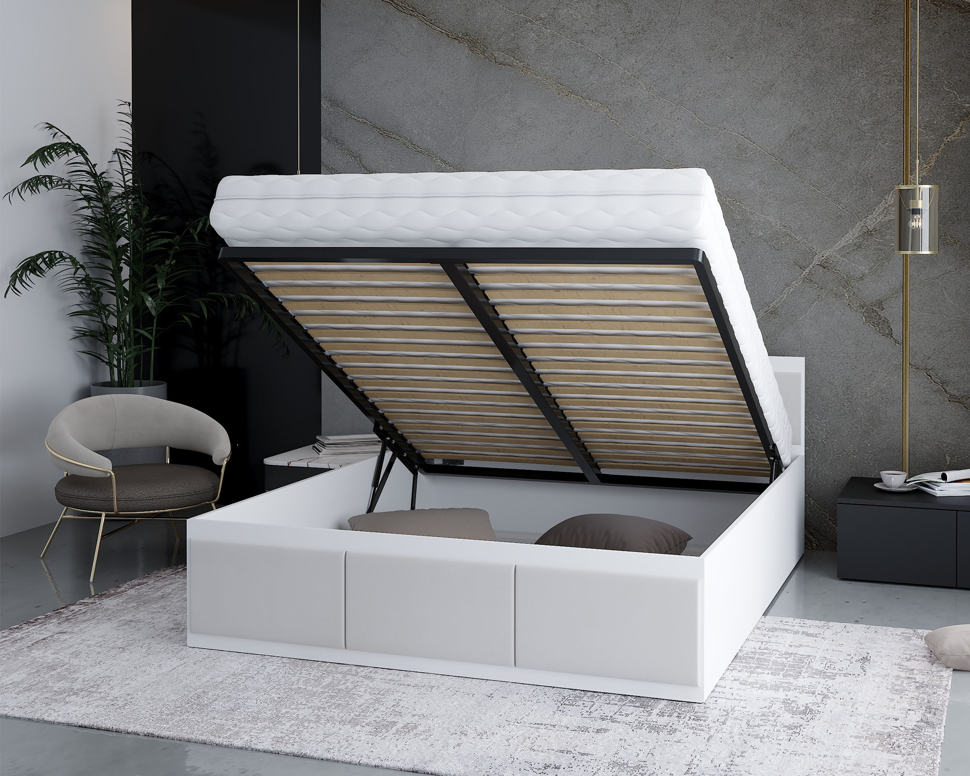 Manželská postel PANAMA T 180x200 se zvedacím kovovým roštem BÍLÁ