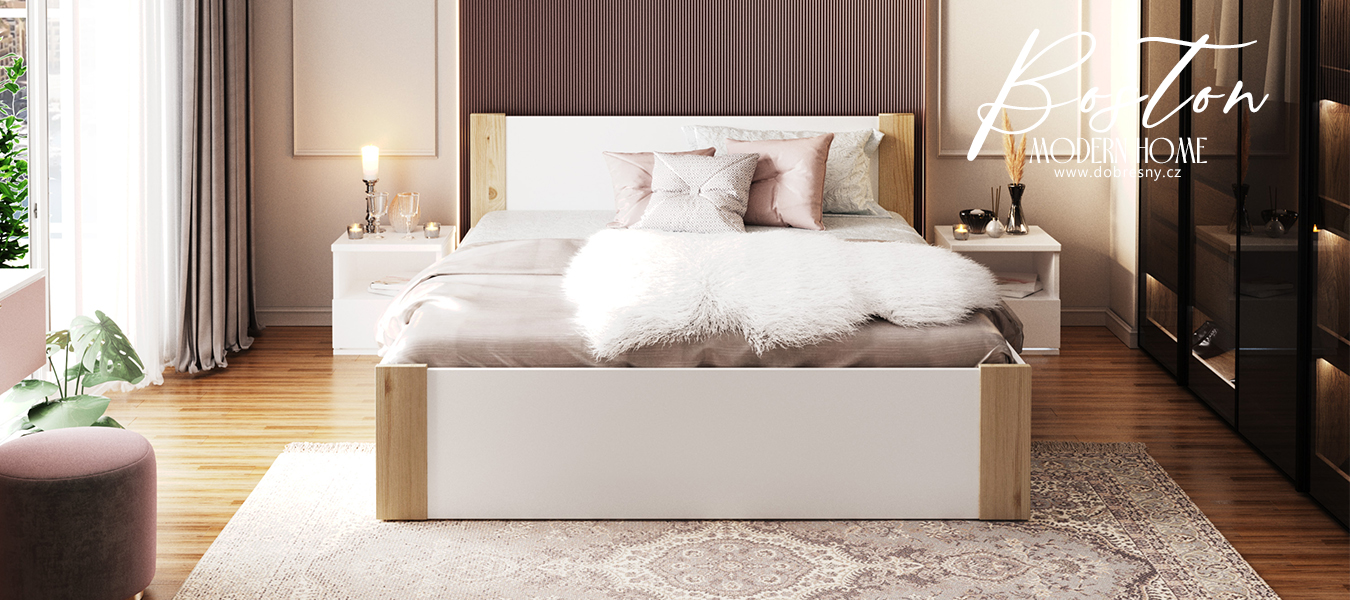Manželská postel 160x200 cm BOSTON BÍLÁ - BOROVICE se zdvižným dřevěným roštem