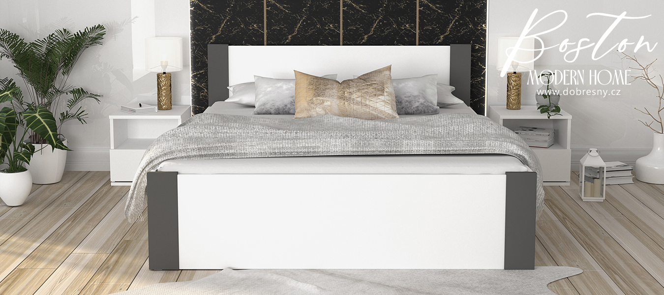 Manželská postel 160x200 cm BOSTON BÍLÁ - ŠEDÁ se zdvižným dřevěným roštem