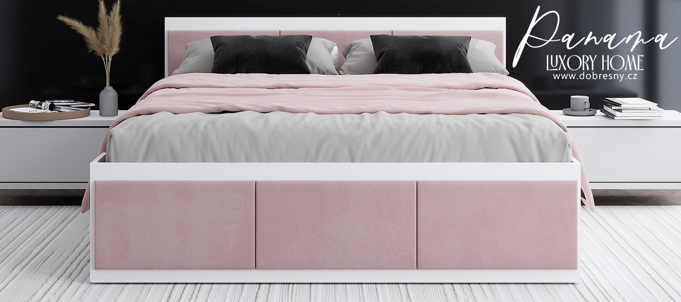 Čalouněná jednolůžková postel PANAMA T 120x200 se zvedacím dřevěným roštem BÍLÁ RŮŽOVÁ