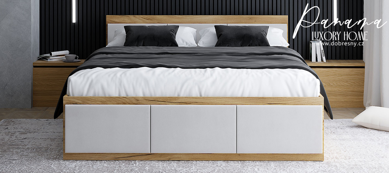 Manželská postel PANAMA T 160x200 se zvedacím kovovým roštem DUB BÍLÁ
