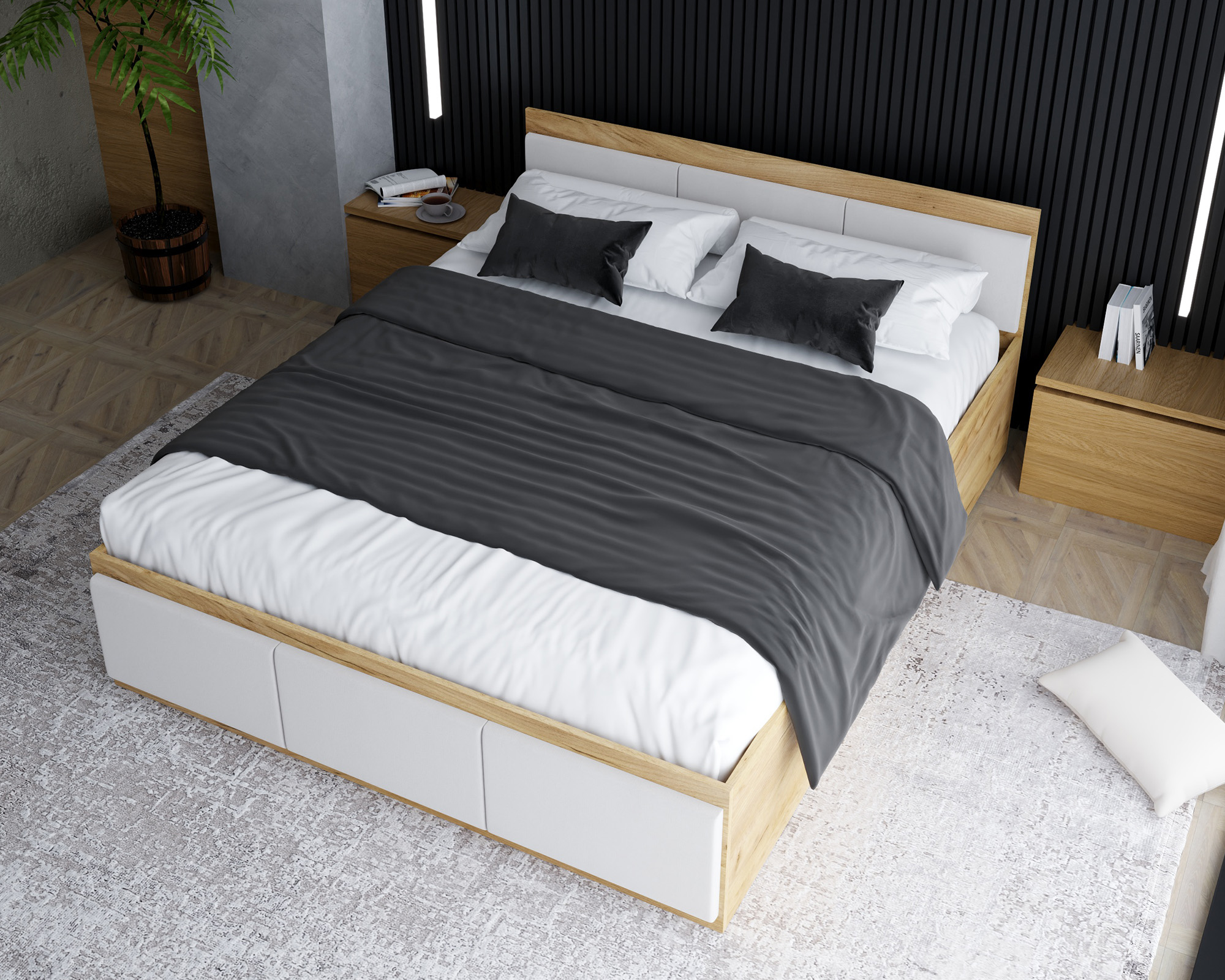 Manželská postel PANAMA T 160x200 se zvedacím kovovým roštem DUB BÍLÁ