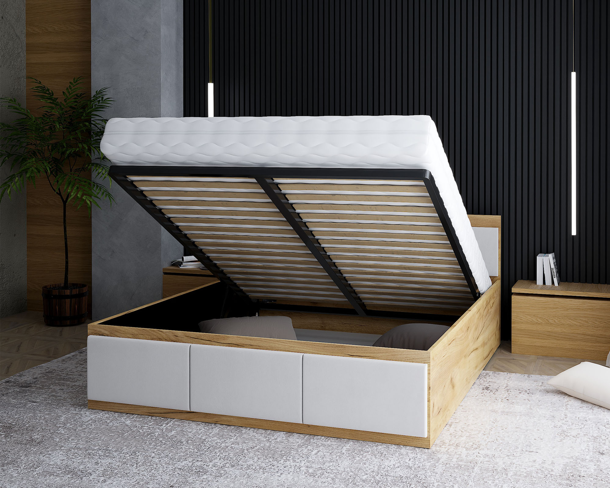 Manželská postel PANAMA T 160x200 se zvedacím kovovým roštem DUB BÍLÁ