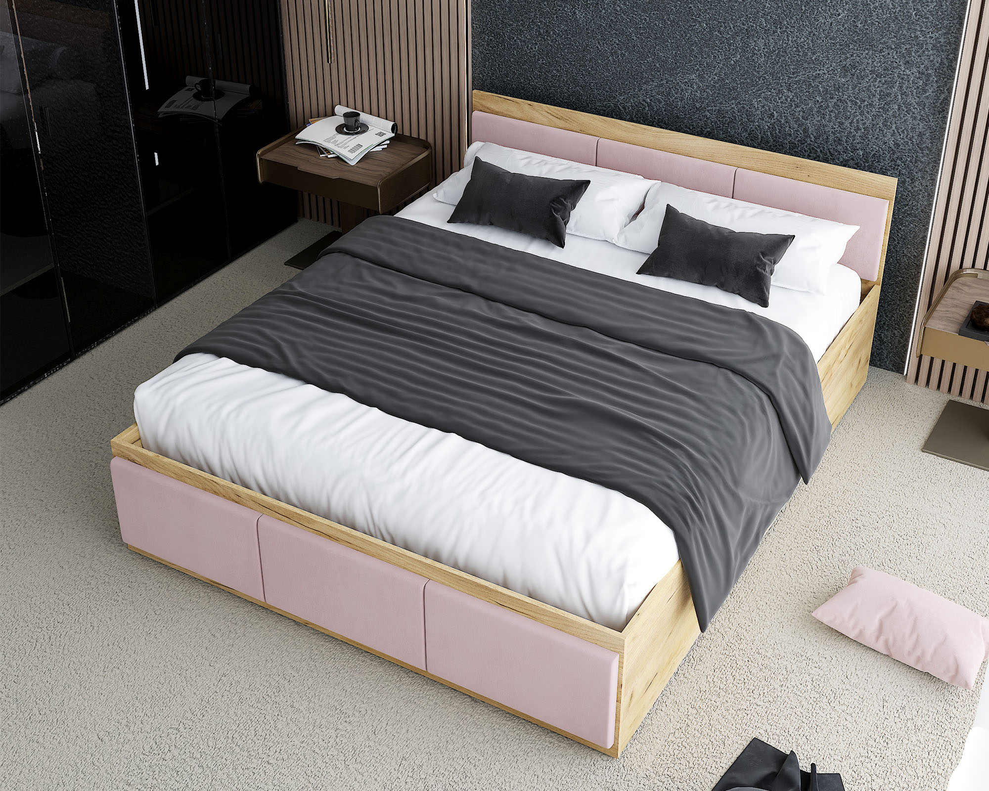 Čalouněná jednolůžková postel PANAMA T 120x200 se zvedacím dřevěným roštem DUB RŮŽOVÁ