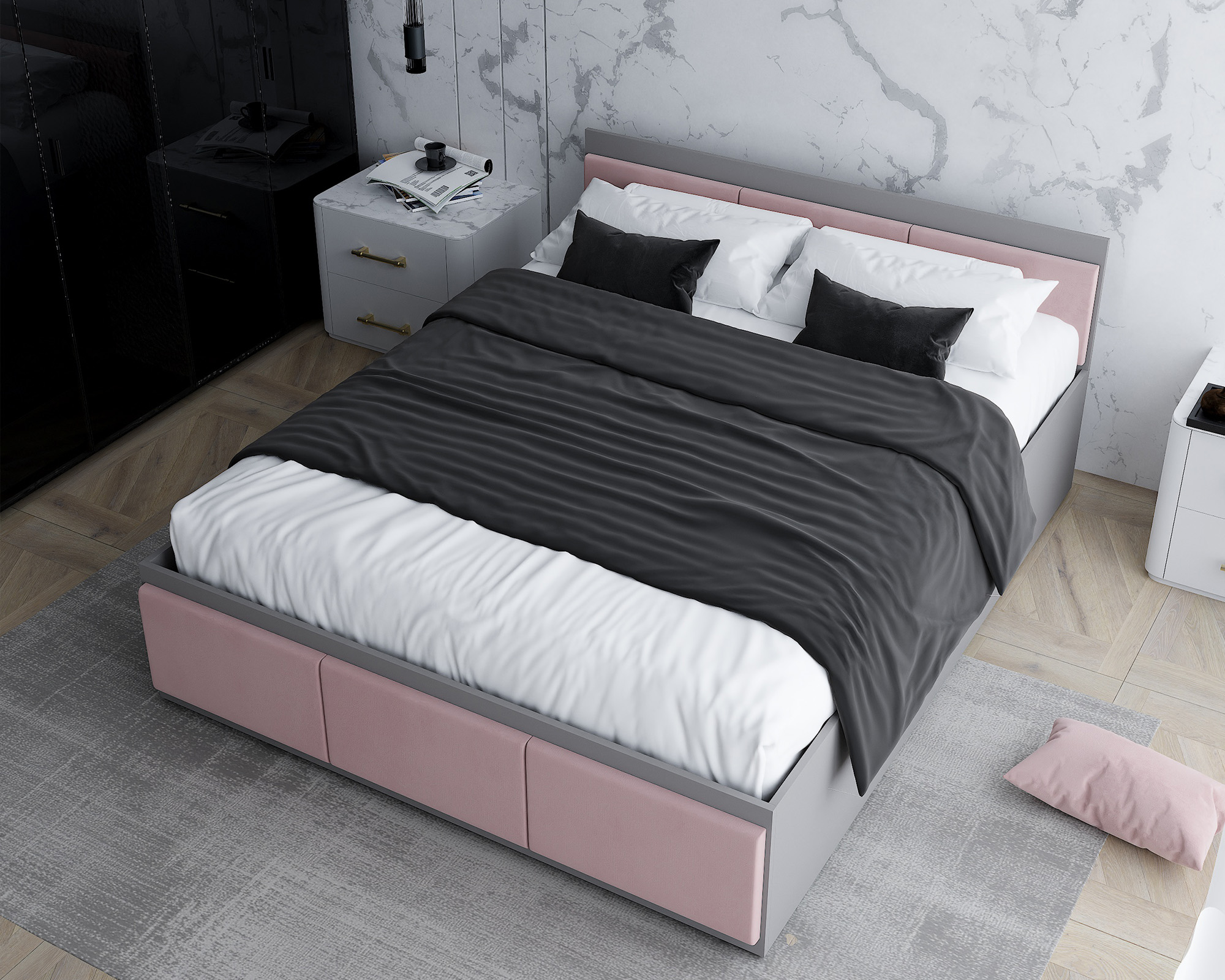 Manželská postel PANAMA T 140x200 se zvedacím dřevěným roštem ŠEDÁ RŮŽOVÁ