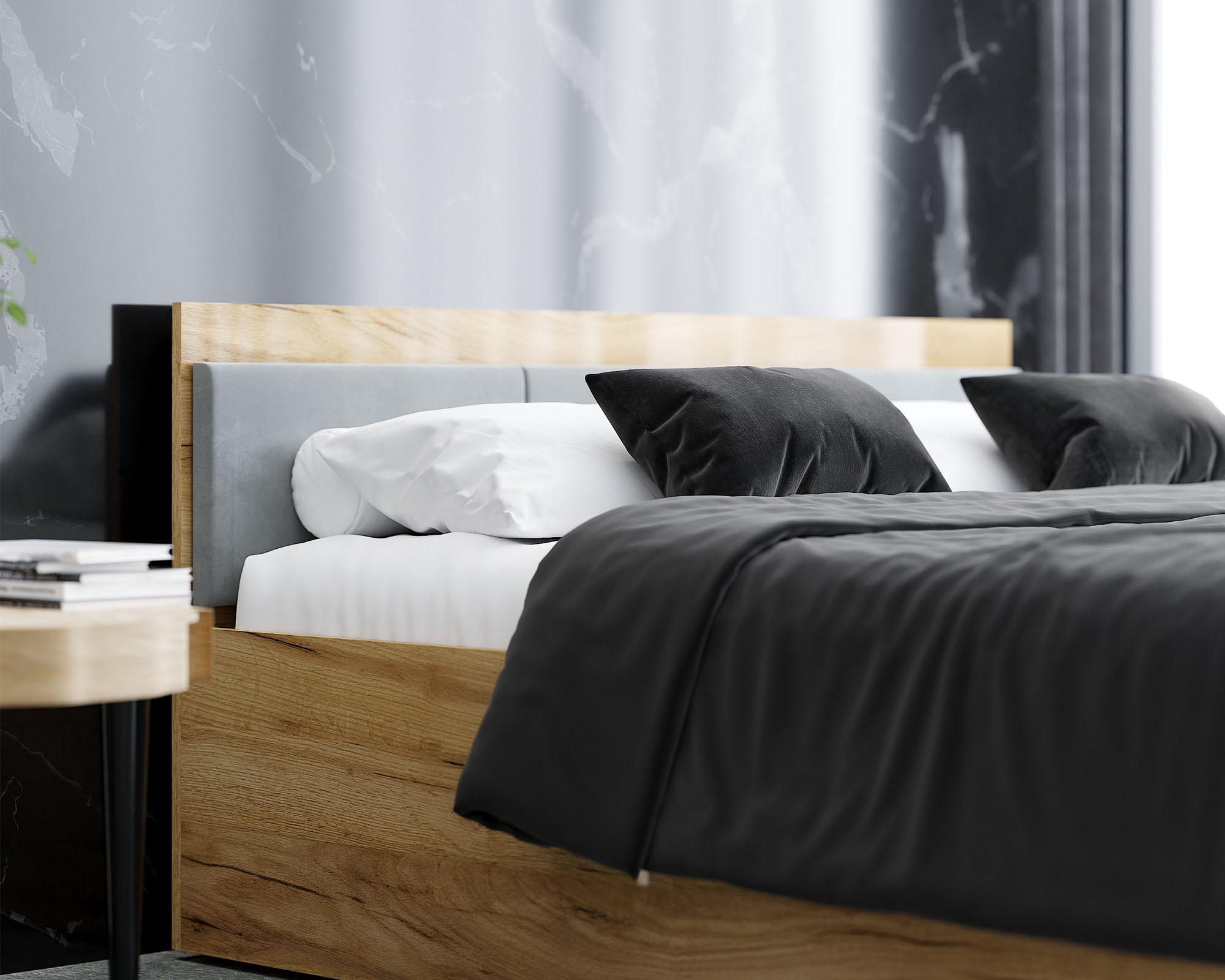 Manželská postel PANAMA T 160x200 se zvedacím dřevěným roštem DUB SVĚTLE ŠEDÁ