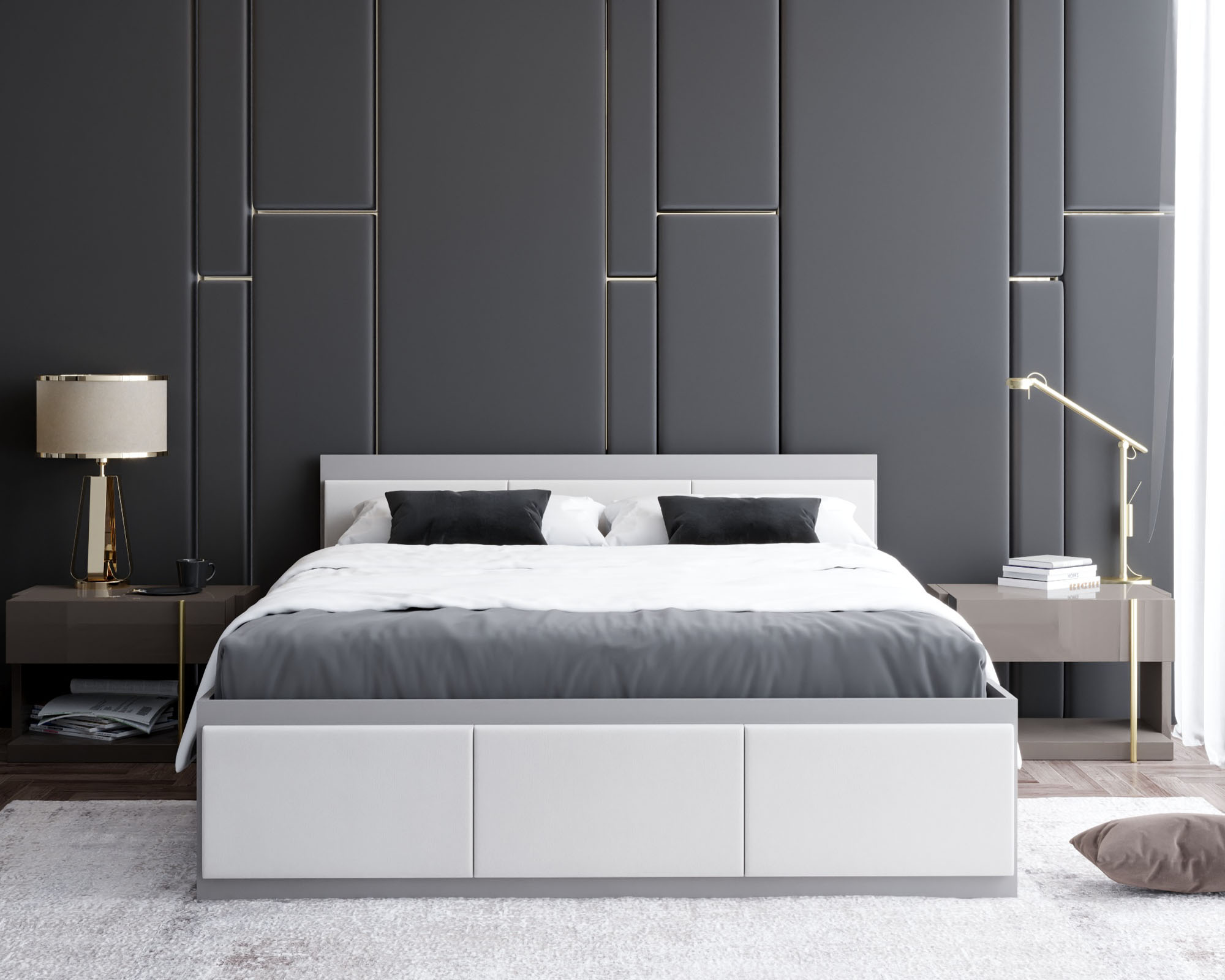 Manželská postel PANAMA T 180x200 se zvedacím dřevěným roštem ŠEDÁ BÍLÁ