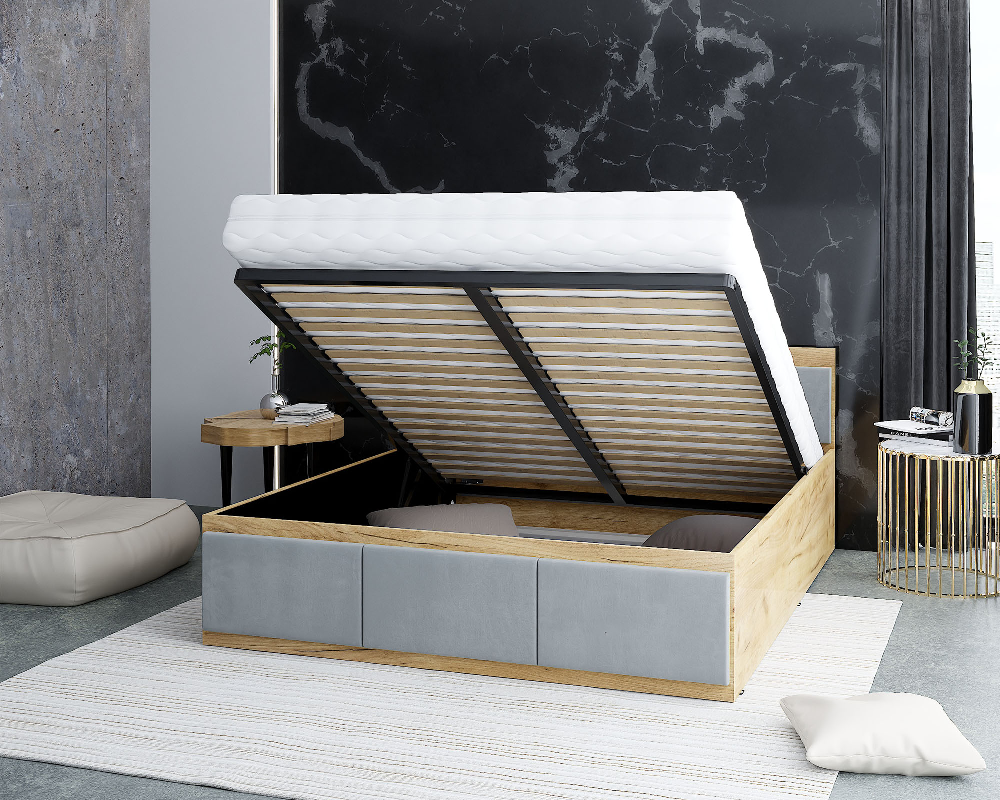 Manželská postel PANAMA T 140x200 se zvedacím kovovým roštem DUB SVĚTLE ŠEDÁ